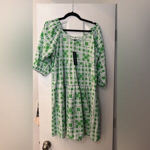 Green and White Geometric Tiered Dress